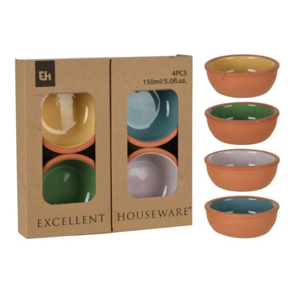 Agyag kínálótál szett 4 db – 150 ml, 10×4 cm, színes mázas belsővel