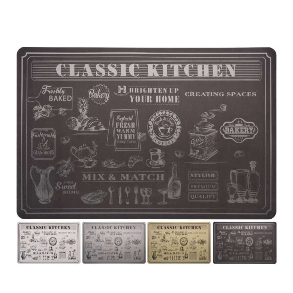 Műanyag asztali alátét Classic Kitchen mintával, bézs, fehér, szürke, fekete színben, 43×28 cm
