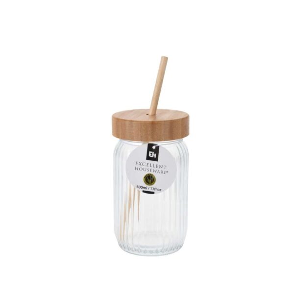 Szívószálas pohár üvegből bambusz tetővel 500 ml Excellent Houseware