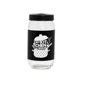 Tárolóedény Kitchen felirattal, üveg, fekete tetővel, 1000 ml