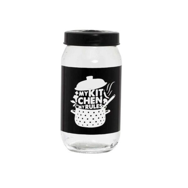 Tárolóedény Kitchen felirattal, üveg, fekete tetővel, 1000 ml