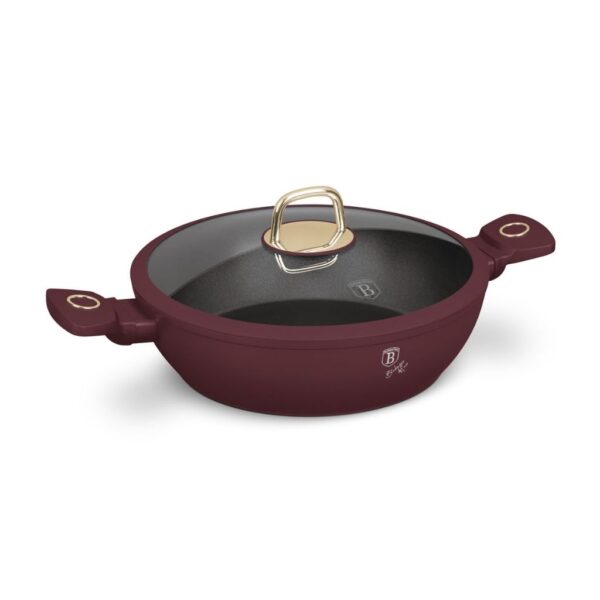 Berlinger Haus Leonardo alacsony lábas 28 cm – 3,8 literes, matt bordó, edzett üvegfedővel és aranyszínű fogantyúval