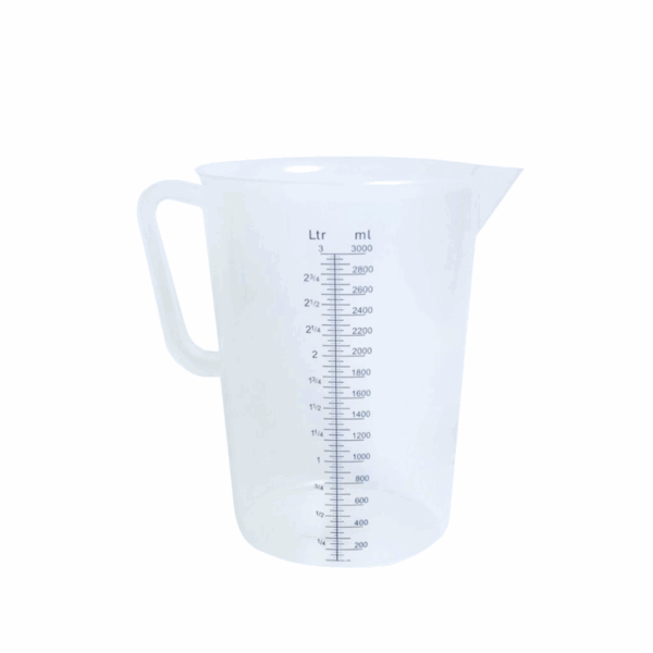 Mércés kancsó műanyagból, 1 l, 2 l és 3 l űrtartalommal, liter- és milliliter jelöléssel