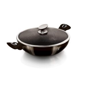 Berlinger Haus Shiny Black wok fedővel – 30 cm átmérő, fényes fekete szín, kovácsolt alumíniumból, márvány bevonattal