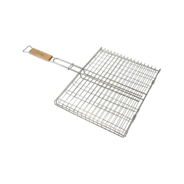 Zárható grillrács fa nyéllel, krómozott vas, 52,5 cm – halsütő és grillkosár – Perfect Home
