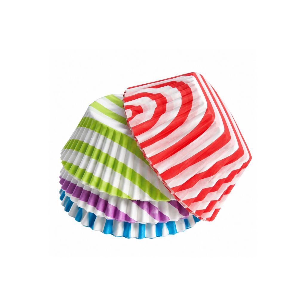Csíkos muffin papír 80 db-os kiszerelésben, muffinok sütéséhez és dekoratív tálalásához. A 3,5 × 7 cm-es papírformák fehér alapon lila, kék, zöld és rózsaszín csíkos mintával készültek.